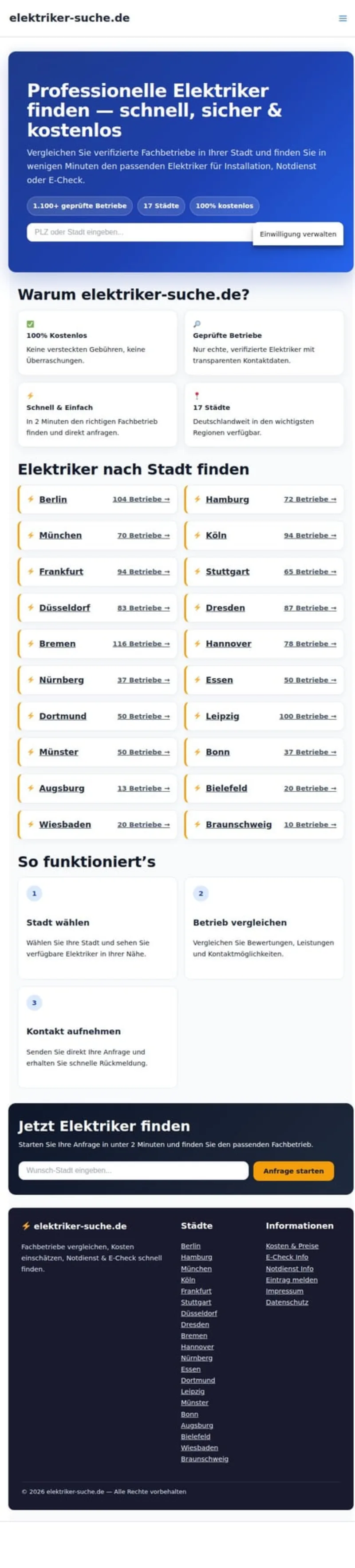 Screenshot von Elektriker-Suche.de — Branchenverzeichnis mit 1.100+ Betrieben in 17 Städten