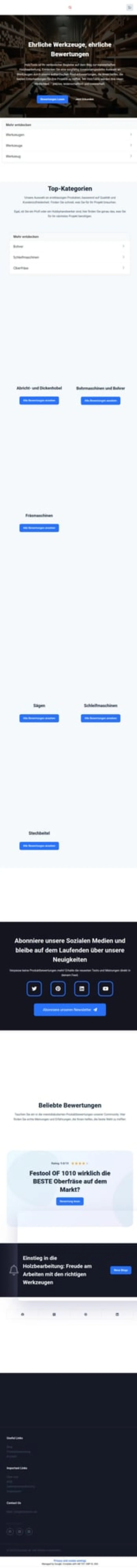 Screenshot von HolzTools.de — Werkzeug-Portal mit 300+ Artikeln, interaktiven Rechnern & Vergleichstabellen