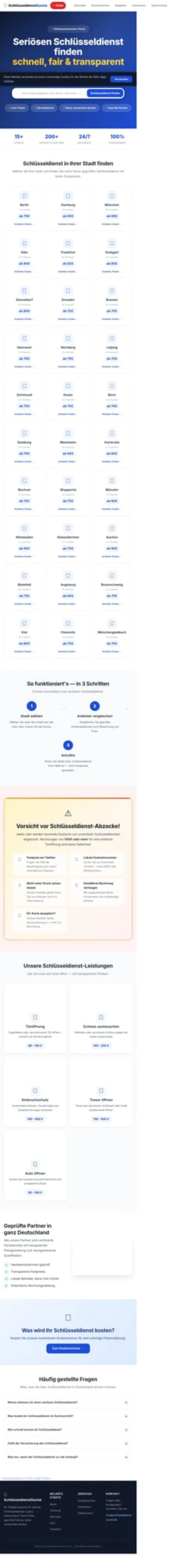 Screenshot von Schlüsseldienst-Suche.de — Vergleichsportal mit 1.500+ Betrieben, 30 Städten & Ratgeber